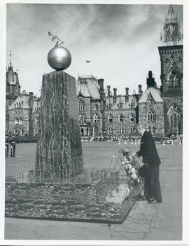 Photo: Prime Minister John Diefenbaker Placing Wreath in front of Memorial