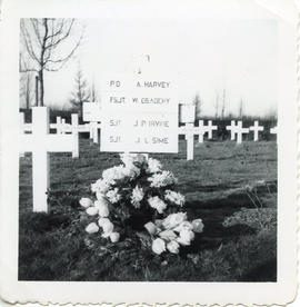 Photo: Grave Marker of P/O Harvey, FS/JT Osadchy, S/JT Irvine, S/JT Sime