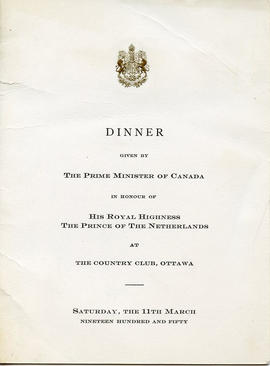 Dinner Program: The Prime Minister of Canada in honour of the Prince of the Netherlands - Cover