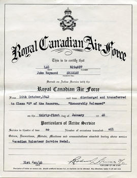 Document: RCAF Discharge Certificate to LAC John Raymond Srigley - Front