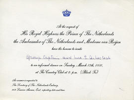 Invitation: To E.A. McNab for an Informal Dinner from the Prince of the Netherlands